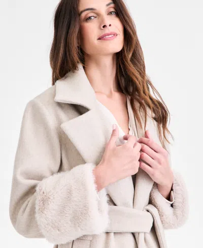 Anne Klein Petite Faux-fur-cuff Tie-front Coat In Neutral