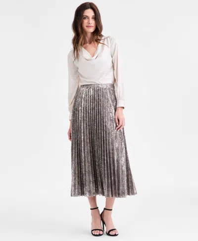 Anne Klein Petite Metallic Pleated Pull-on Midi Skirt In Metallic