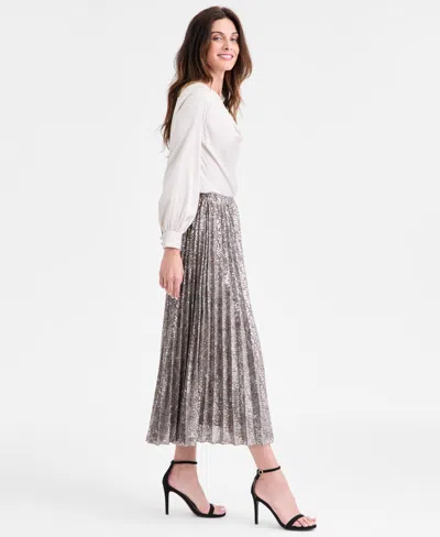 Anne Klein Petite Metallic Pleated Pull-on Midi Skirt In Metallic