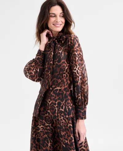 Anne Klein Petite Printed Mock-neck Raglan-sleeve Blouse In Multi