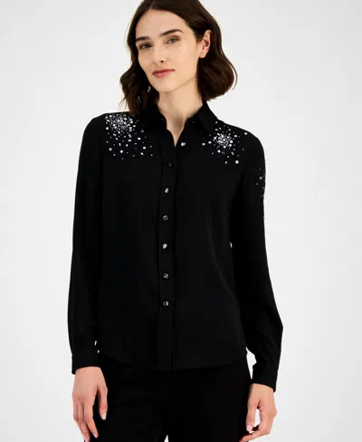 Anne Klein Petite Long-sleeve Button-front Blouse In Black