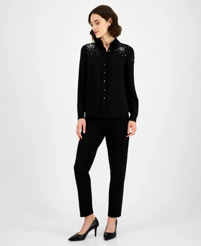 Anne Klein Petite Long-sleeve Button-front Blouse In Black