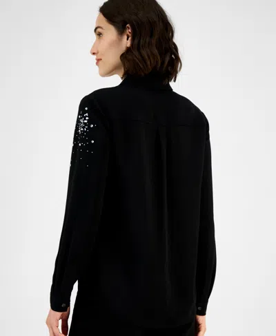 Anne Klein Petite Long-sleeve Button-front Blouse In Black