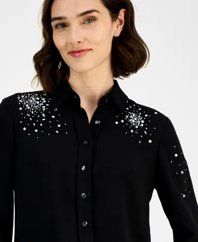 Anne Klein Petite Long-sleeve Button-front Blouse In Black