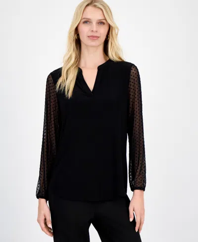 Kasper Plus Size Split-neck Long-sleeve Tunic In Black