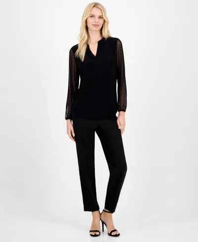 Kasper Plus Size Split-neck Long-sleeve Tunic In Black