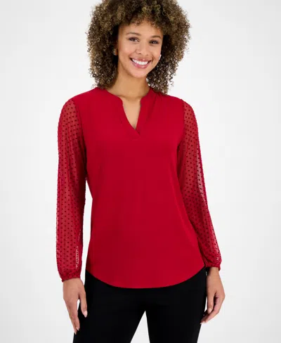 Kasper Plus Size Split-neck Long-sleeve Tunic In Red