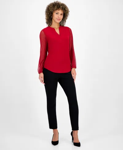 Kasper Plus Size Split-neck Long-sleeve Tunic In Red