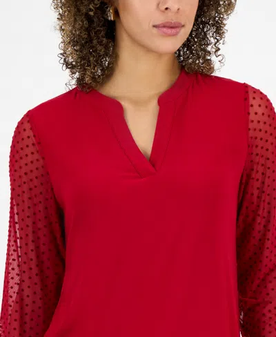 Kasper Plus Size Split-neck Long-sleeve Tunic In Red