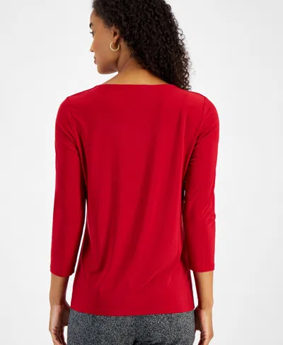 Kasper Plus Size 3/4-sleeve Pintucked Keyhole Top In Red