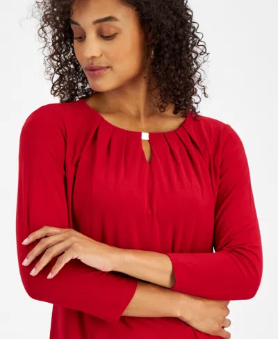 Kasper Plus Size 3/4-sleeve Pintucked Keyhole Top In Red