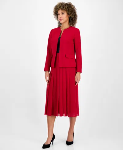 Kasper Petite Stretch-crepe Collarless Open-front Jacket In Red
