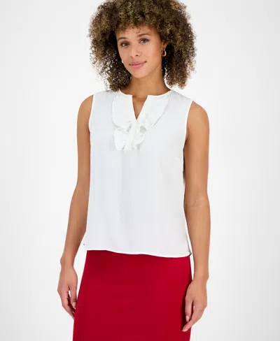 Kasper Petite Split-neck Ruffle-front Sleeveless Blouse In White