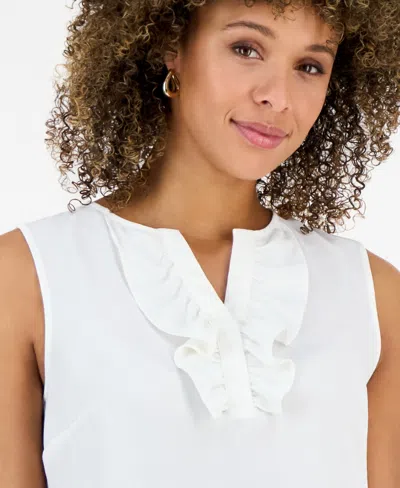 Kasper Petite Split-neck Ruffle-front Sleeveless Blouse In White