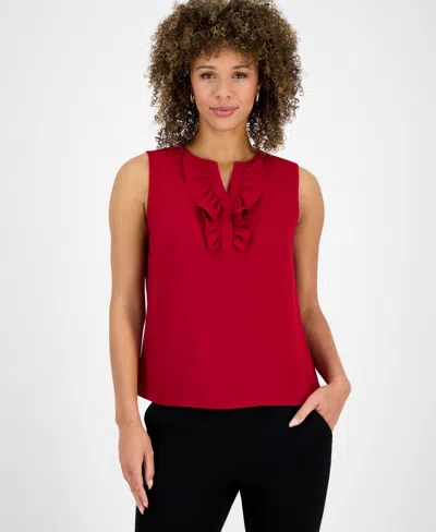 Kasper Petite Split-neck Ruffle-front Sleeveless Blouse In Red