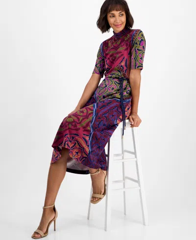 Anne Klein Petite Mock Neck Printed Midi Dress In Multi