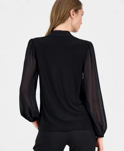 Anne Klein Women's Blouson-sleeve Tie-neck Blouse In Black