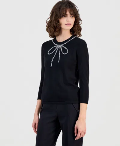 Anne Klein Petite 3/4-sleeve Bow-embellished Sweater In Black
