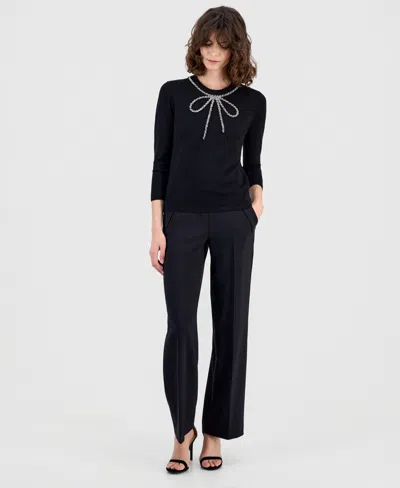Anne Klein Petite 3/4-sleeve Bow-embellished Sweater In Black