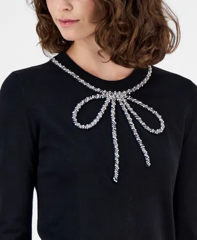 Anne Klein Petite 3/4-sleeve Bow-embellished Sweater In Black