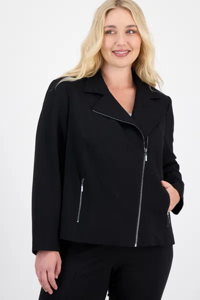 Anne Klein Plus Size Notched Collar Cropped Moto Jacket In Black