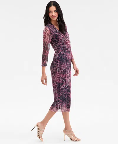 Anne Klein Floral Metallic Stripe Long Sleeve Midi Dress In Purple