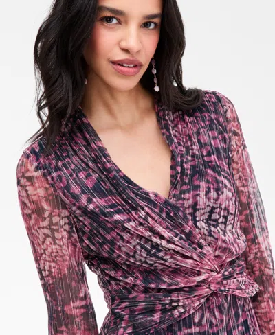 Anne Klein Floral Metallic Stripe Long Sleeve Midi Dress In Purple