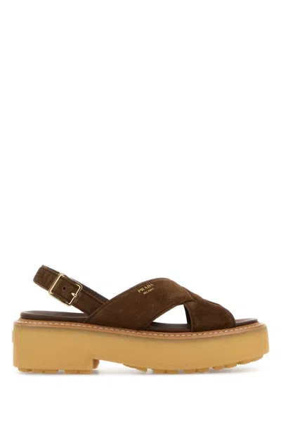 Prada Suede Platform Sandals Open Toe In Brown