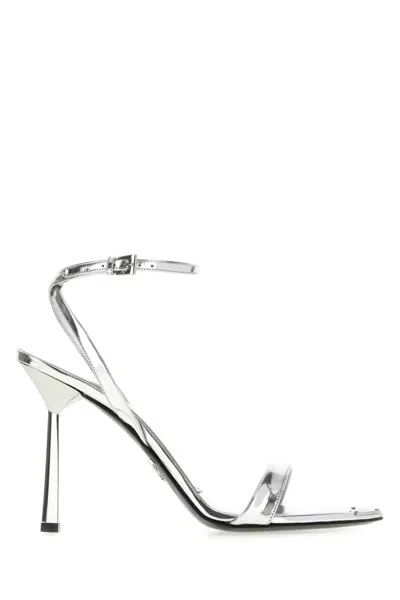 Prada Spazzolato Extended Metal Toe Metallic Leather Sandals In Silver
