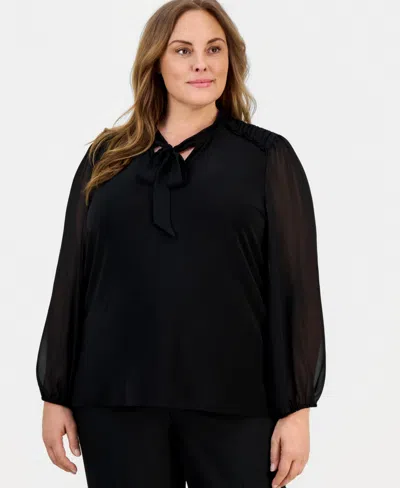 Anne Klein Plus Size Tie-neck Blouson-sleeve Top In Black