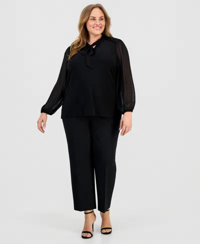 Anne Klein Plus Size Tie-neck Blouson-sleeve Top In Black