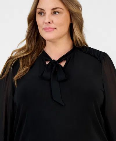 Anne Klein Plus Size Tie-neck Blouson-sleeve Top In Black