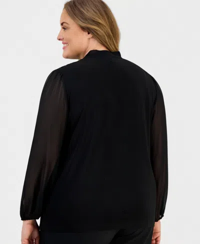 Anne Klein Plus Size Tie-neck Blouson-sleeve Top In Black