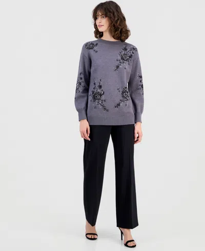 Anne Klein Petite Sequin Floral Tunic Sweater In Blue