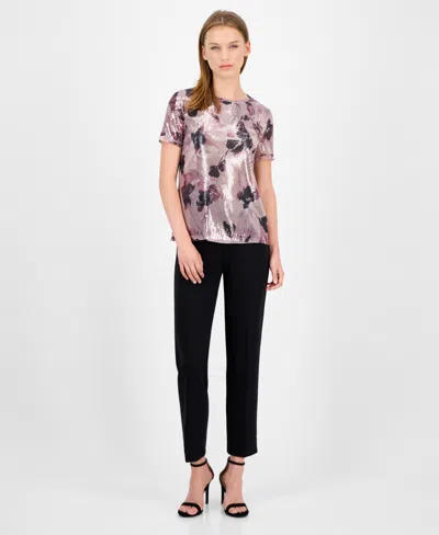 Anne Klein Petite Short-sleeve Floral Sequin Tee In Multi