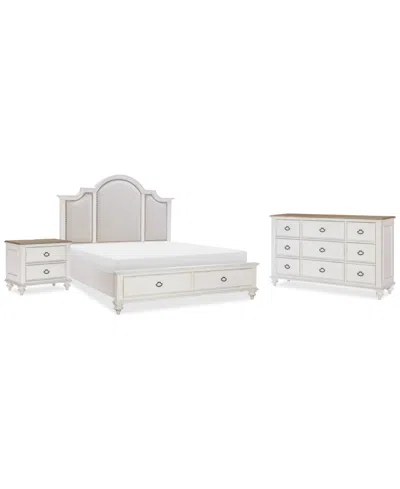 Macy's Mandeville 3pc Bedroom Set (upholstered Queen Storage Bed + Dresser + 2-drawer Nightstand) In White
