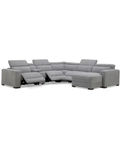 Macy's Nevio 6-pc. Fabric Power Headrest Sectional With Chaise & Console And 3 Power Motion Chairs In Gray