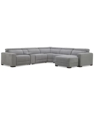 Macy's Nevio 6-pc. Fabric Power Headrest Sectional With Chaise & Console And 3 Power Motion Chairs In Gray