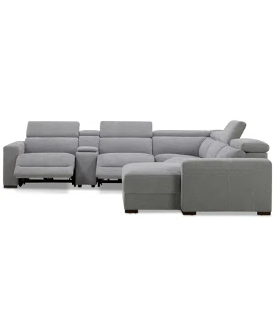 Macy's Nevio 6-pc. Fabric Power Headrest Sectional With Chaise & Console And 3 Power Motion Chairs In Gray