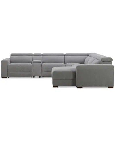 Macy's Nevio 6-pc. Fabric Power Headrest Sectional With Chaise & Console And 3 Power Motion Chairs In Gray
