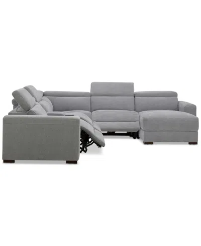 Macy's Nevio 6-pc. Fabric Power Headrest Sectional With Chaise & Console And 3 Power Motion Chairs In Gray