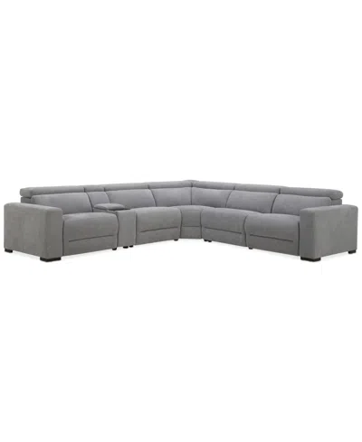Macy's Nevio 6-pc. Fabric Power Headrest L-shaped Sectional And Console With 2 Power Motion Chairs In Gray