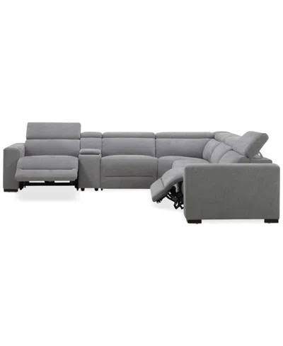 Macy's Nevio 6-pc. Fabric Power Headrest L-shaped Sectional And Console With 2 Power Motion Chairs In Gray