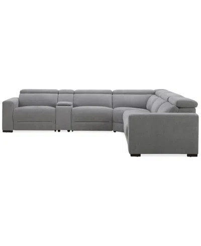 Macy's Nevio 6-pc. Fabric Power Headrest L-shaped Sectional And Console With 2 Power Motion Chairs In Gray