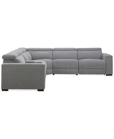 Macy's Nevio 6-pc. Fabric Power Headrest L-shaped Sectional And Console With 2 Power Motion Chairs In Gray