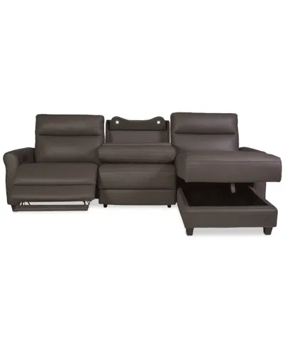 Macy's Thandler 3-pc. Leather Chaise Sectional With 1 Drop Down Table, Exclusively At  In Brown