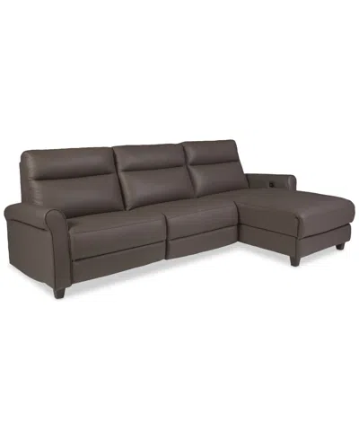 Macy's Thandler 3-pc. Leather Chaise Sectional With 1 Drop Down Table, Exclusively At  In Brown