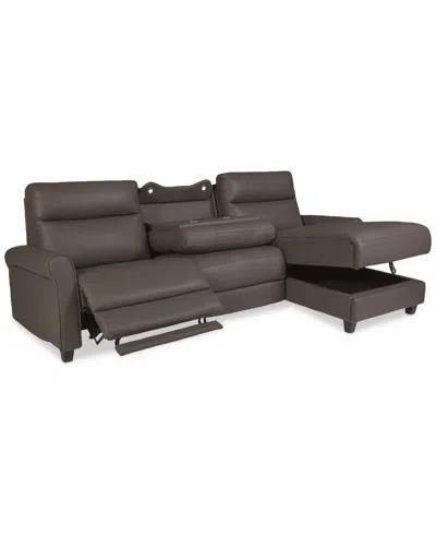 Macy's Thandler 3-pc. Leather Chaise Sectional With 1 Drop Down Table, Exclusively At  In Brown