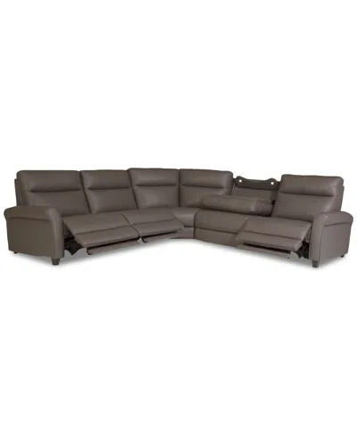 Macy's Thandler 5-pc. Leather L Sectional With 3 Power Recliners And Drop Down Table, Exclusively At  In Brown