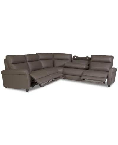 Macy's Thandler 5-pc. Leather L Sectional With 3 Power Recliners And Drop Down Table, Exclusively At  In Brown